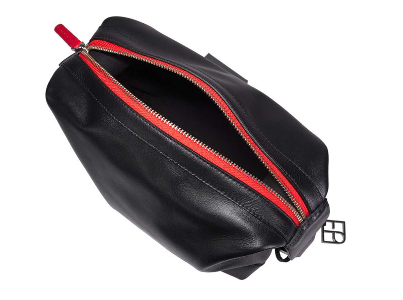 Cosmo Kulturtasche, Leder, schwarz, roter Reißverschluss