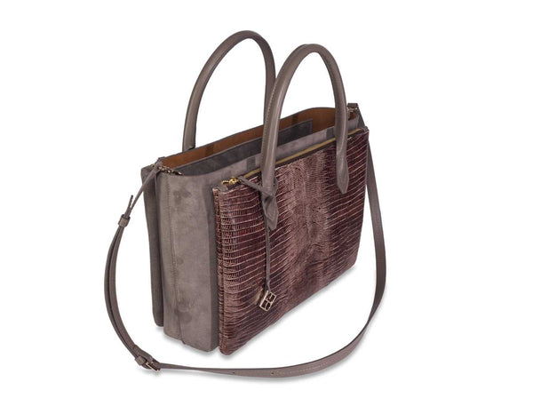 Shopper "Caya" - taupe and brown lizard embossing